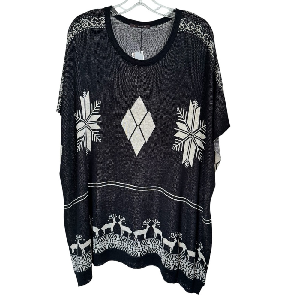 Do Everything in Love Poncho One Size, Black Beige Snowflake Deer, Button, Women
